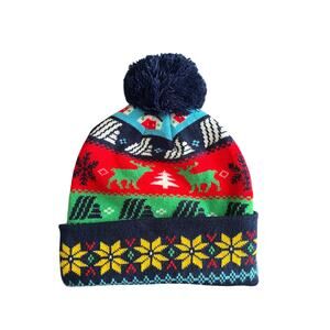 NWT Aldi Winter Knit Hat Beanie Pom Pom Snowflake Xmas Deer Navy Blue OS Style 3